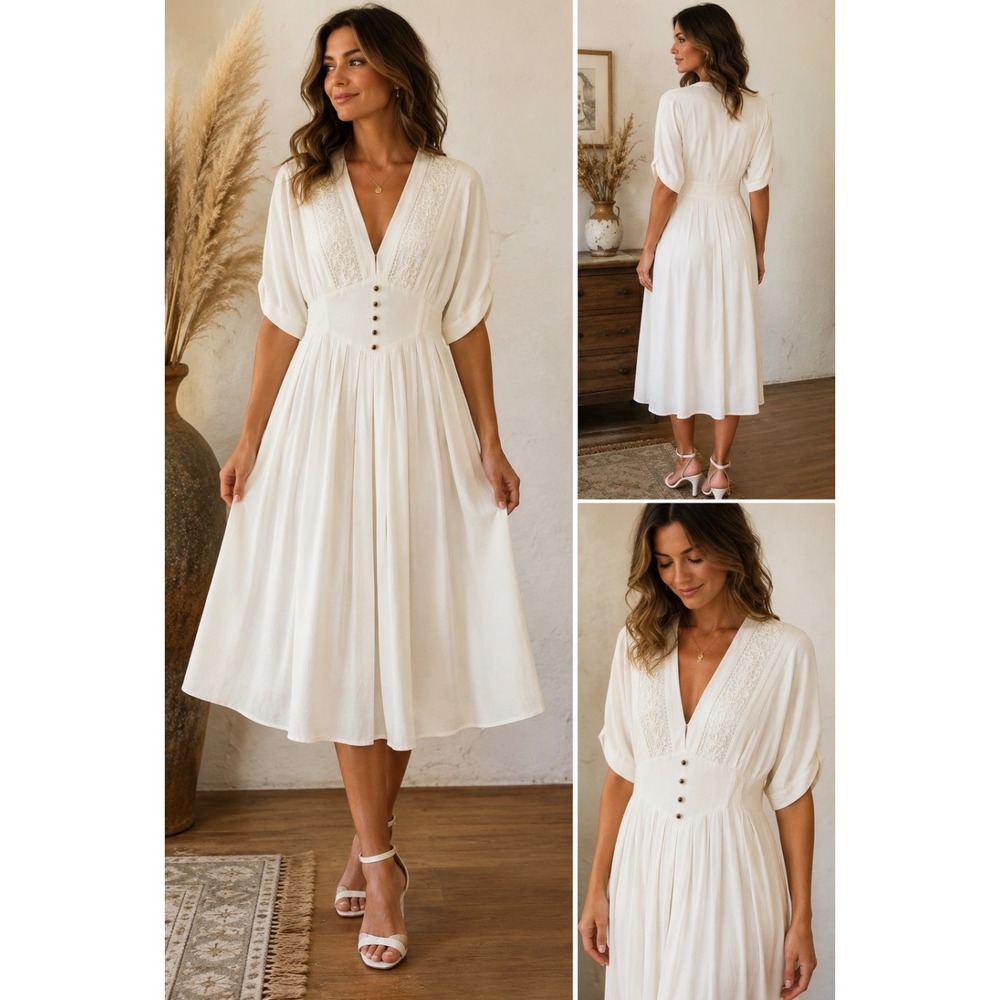 Nina Piccalino Midi Dress Women 6 Ivory Lace‎ V-Neck Vintage Cottagecore 80s Vtg